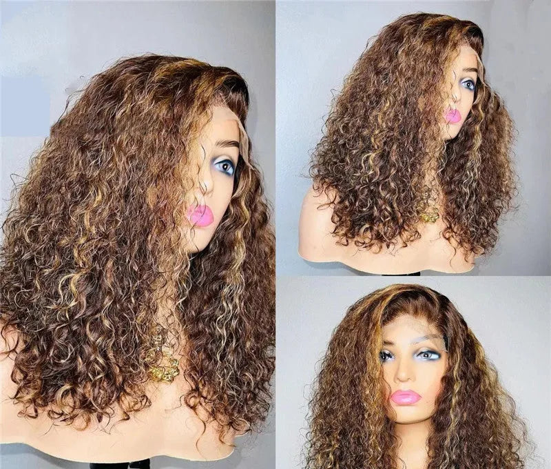 Transparent lace wig natural brown real human hair 13X4 front full hand-knitted 360 headgear 16 inch