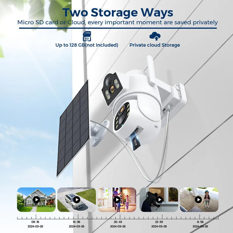 Outdoor solar-powered wireless wifi security camera with solar panel in black and white or white finish.