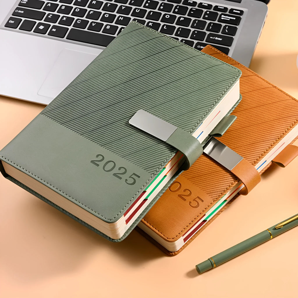 A5 business notepad with striped PU leather cover showing eight colour options open to reveal thick paper