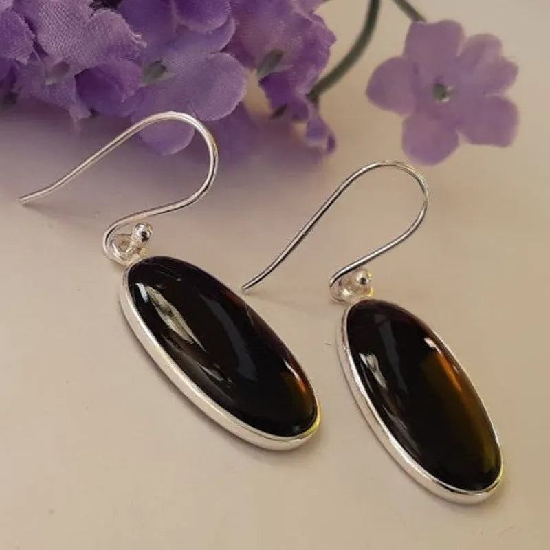 Black agate oval pendant earrings with 925 silver electroplating and geometric Chinese design elements