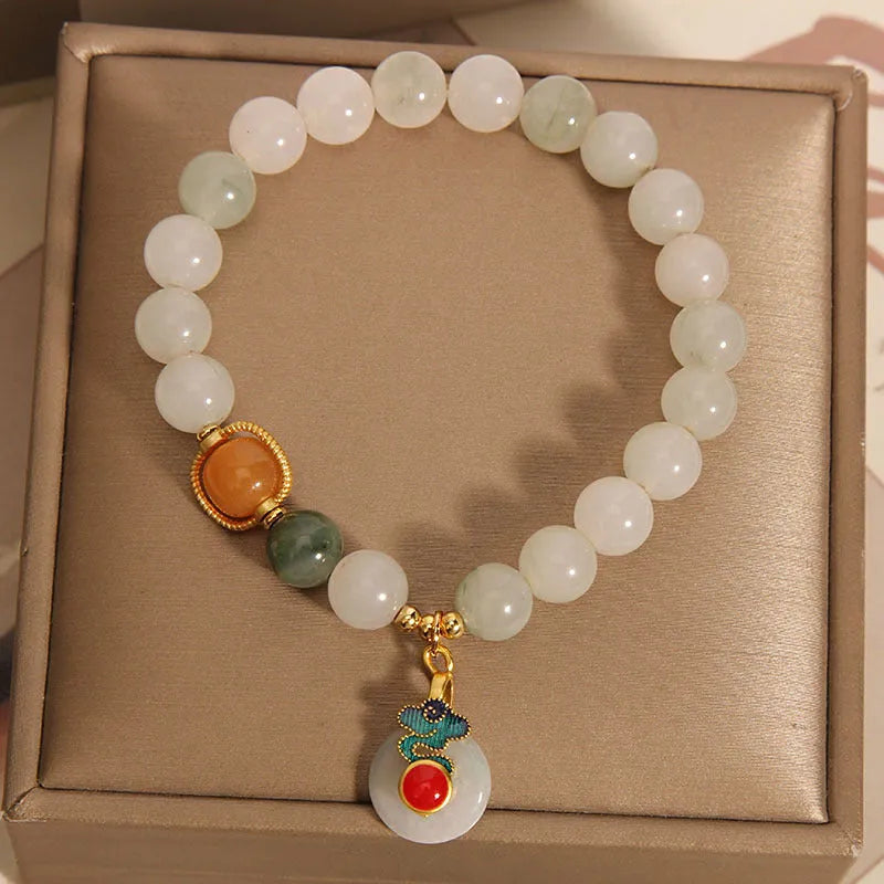 Women's ice jade crystal bracelet with xiangyun peace jade buckle and pearl accents