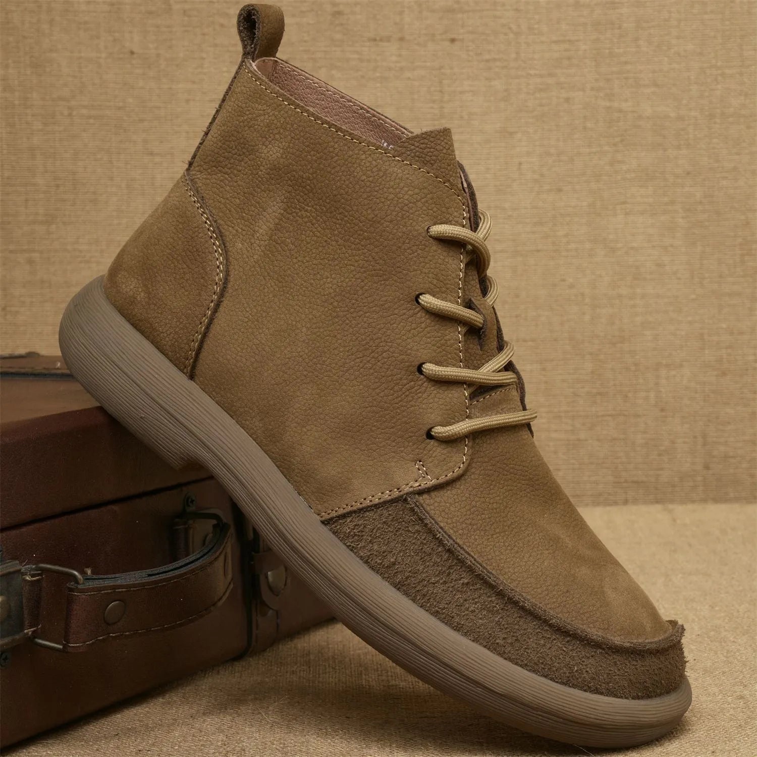 Genuine leather British style Martin boots with wedge heel in grey or khaki colour