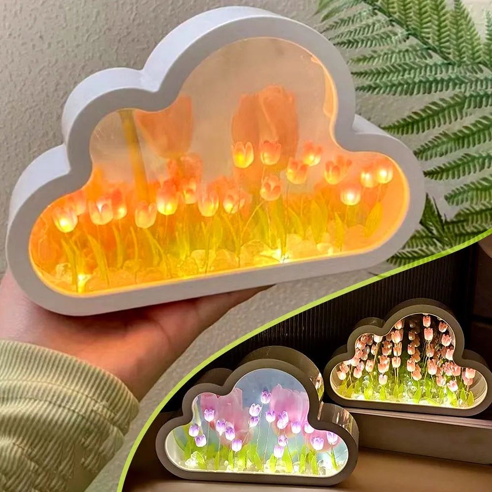 DIY cloud tulip night lamp with decorative mirror and LED light in pink, purple, blue or yellow colours
