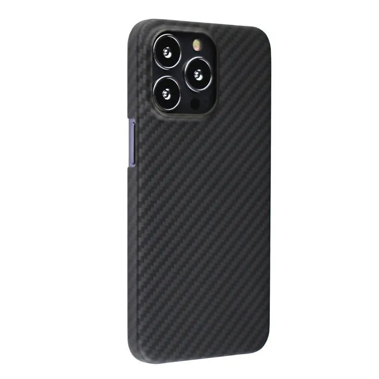 Dull black Kevlar fibre back cover case for Apple iPhone with MagSafe ring visible.