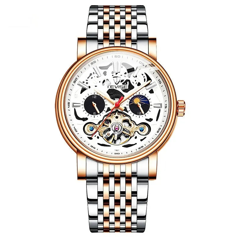 Men's tourbillon mechanical watch with luminous hands on a steel bracelet, showing a black dial.