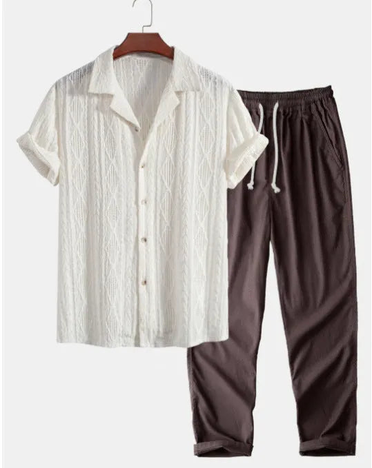 Lightweight linen-feel casual suit set with camouflage print trousers and a short-sleeved lapel shirt.