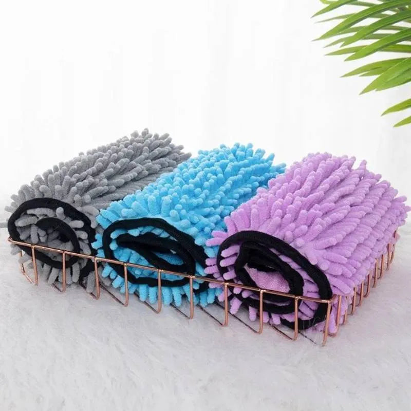 Blue microfibre pet bath towel for drying dogs and cats, showing robe-style design