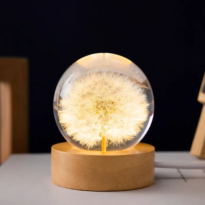 Dandelion in transparent resin crystal ball on beech wood base, with button switch and USB cable, 60mm size