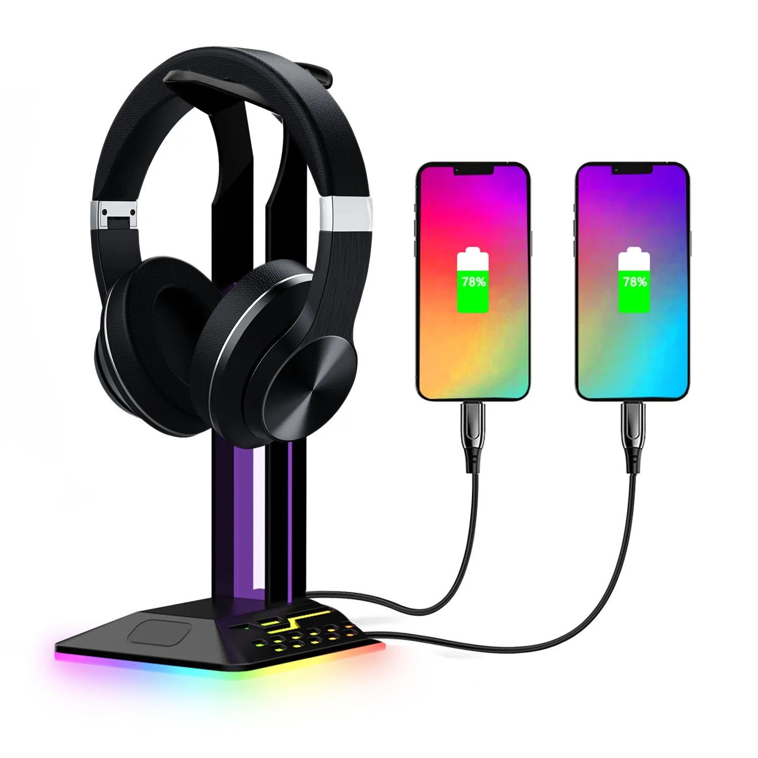 RGB illuminated headphone display stand with dual USB ports in acrylic black finish