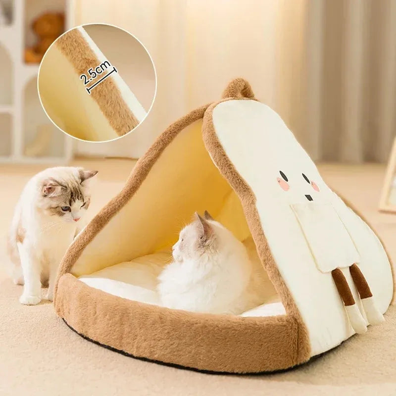 Green winter cat tent pet bed with a removable blanket inside, shown next to a yellow version.