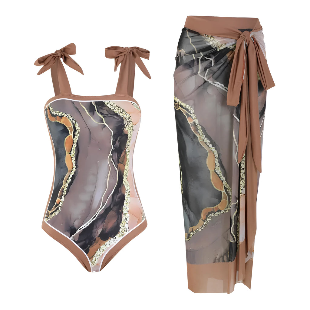 Floral print conservative one-piece swimsuit with mesh tube top and matching skirt in polyester
