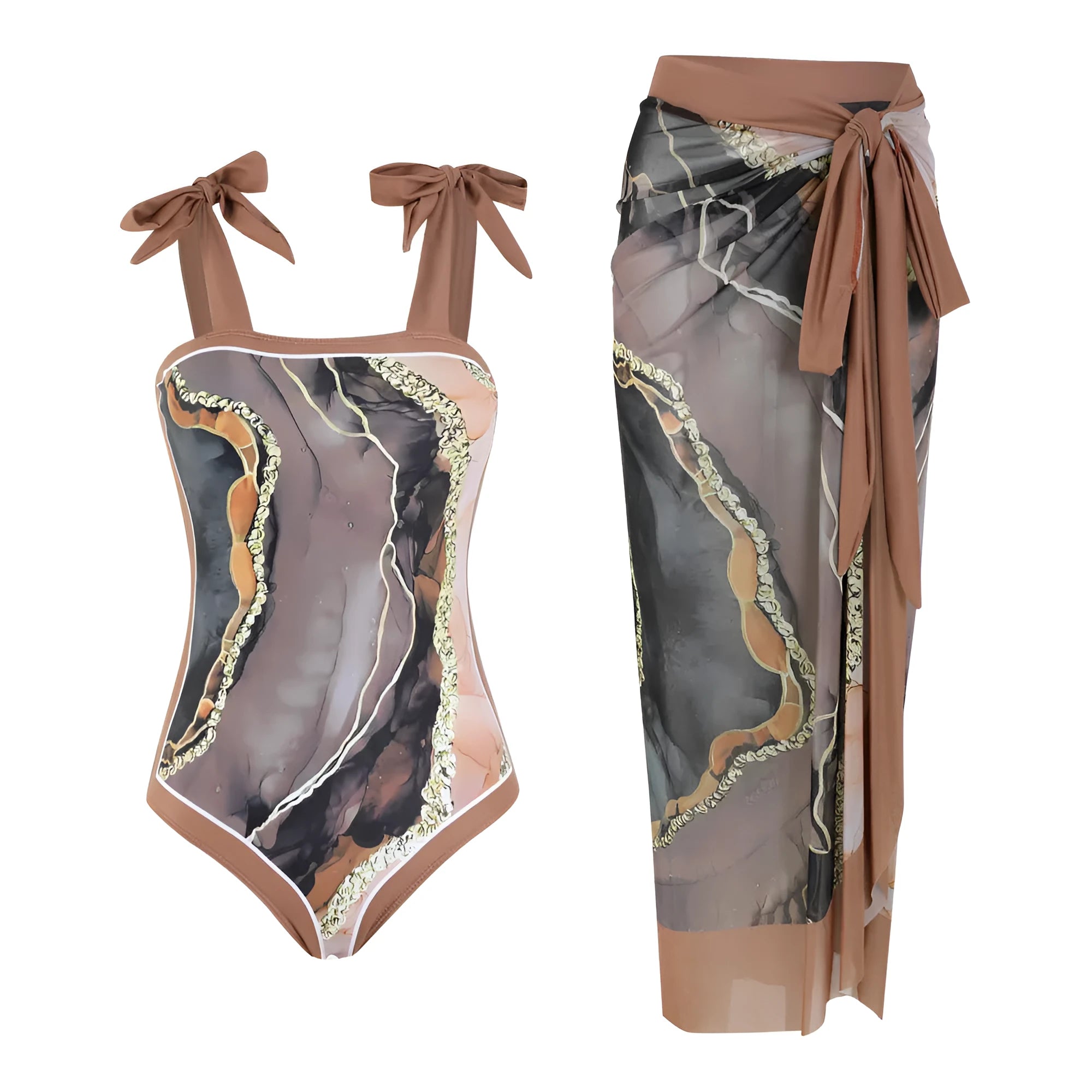 Floral print conservative one-piece swimsuit with mesh tube top and matching skirt in polyester