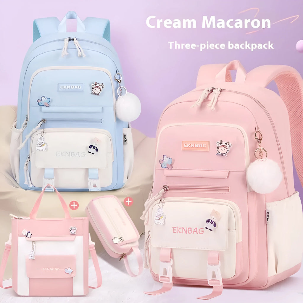 Pink waterproof Oxford cloth school backpack for girls with curved shoulder straps.