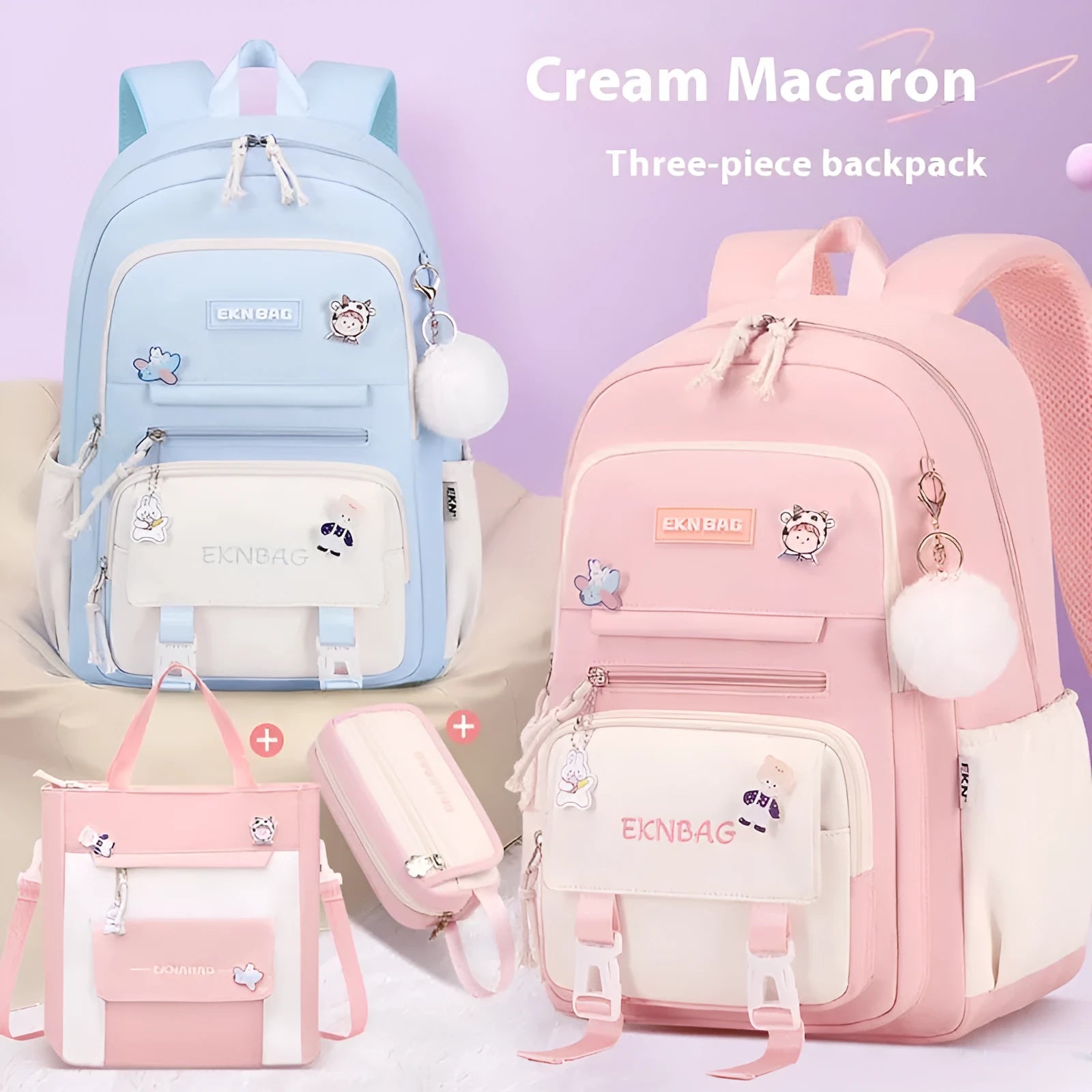 Pink waterproof Oxford cloth school backpack for girls with curved shoulder straps.