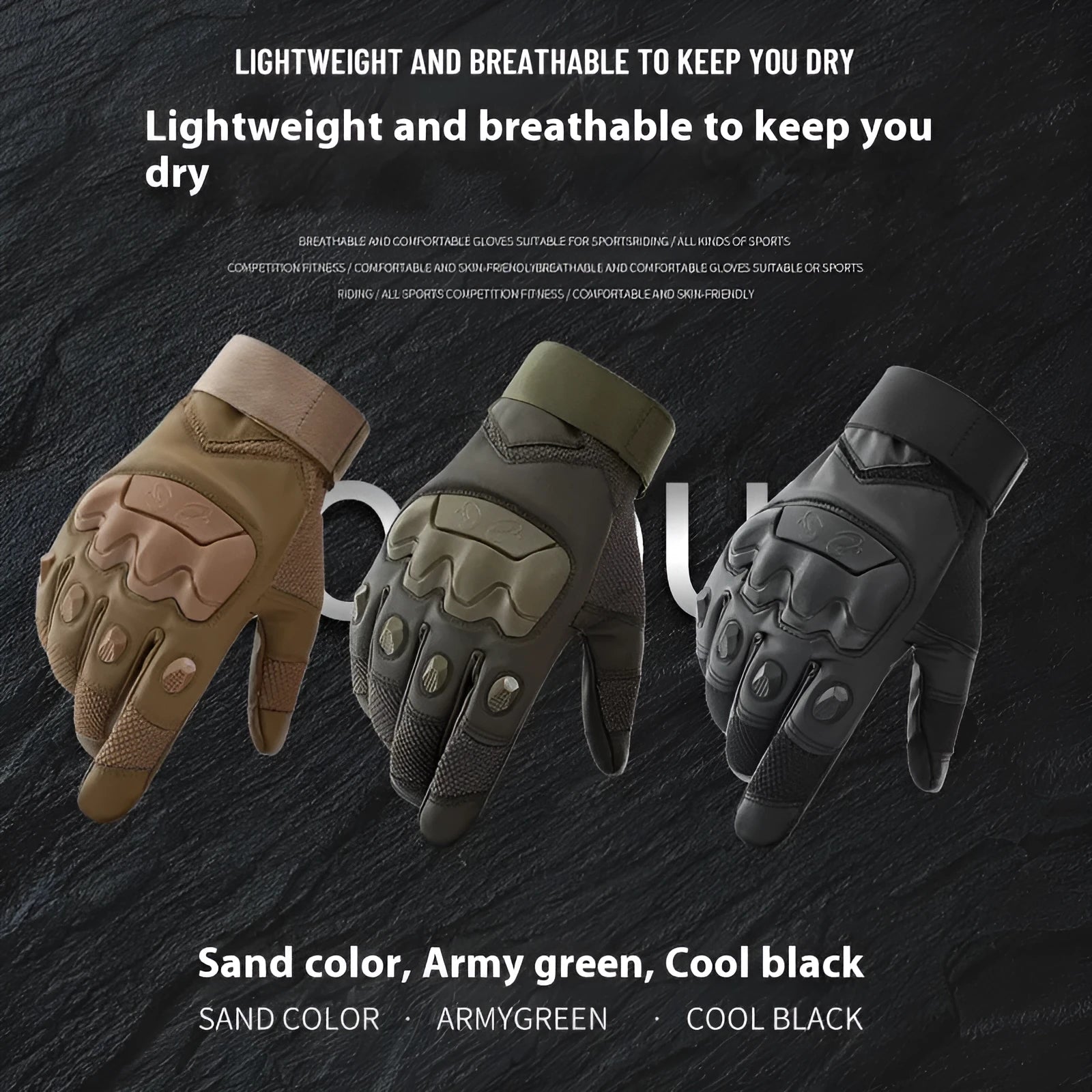 Men's black full finger tactical gloves with touch screen compatible fingertips on a hand.