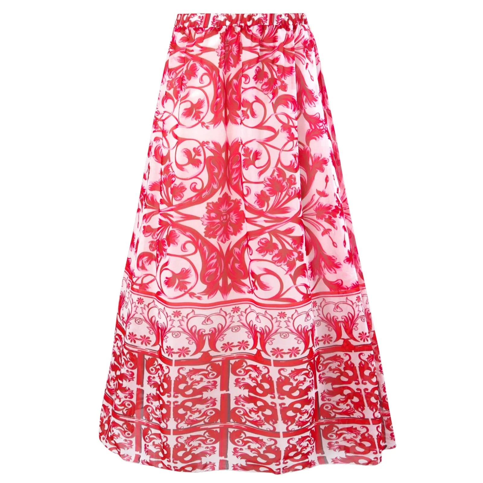 Women's floral printed one-piece polyester swimsuit on a hanger, showing skirted style.