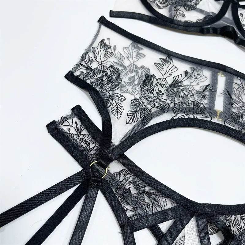 Black women's lace mesh floral print three-piece set with top, pants, and waist ring