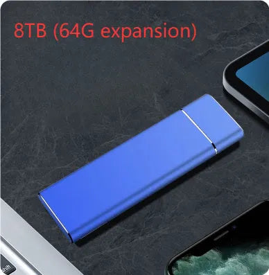 Sapphire blue portable external solid state hard disk with metal casing measuring 10.3cm