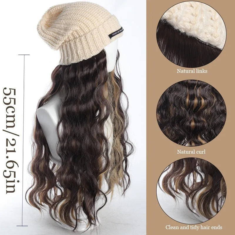 Hat wig with long curly high temperature fibre hair in multiple colour options