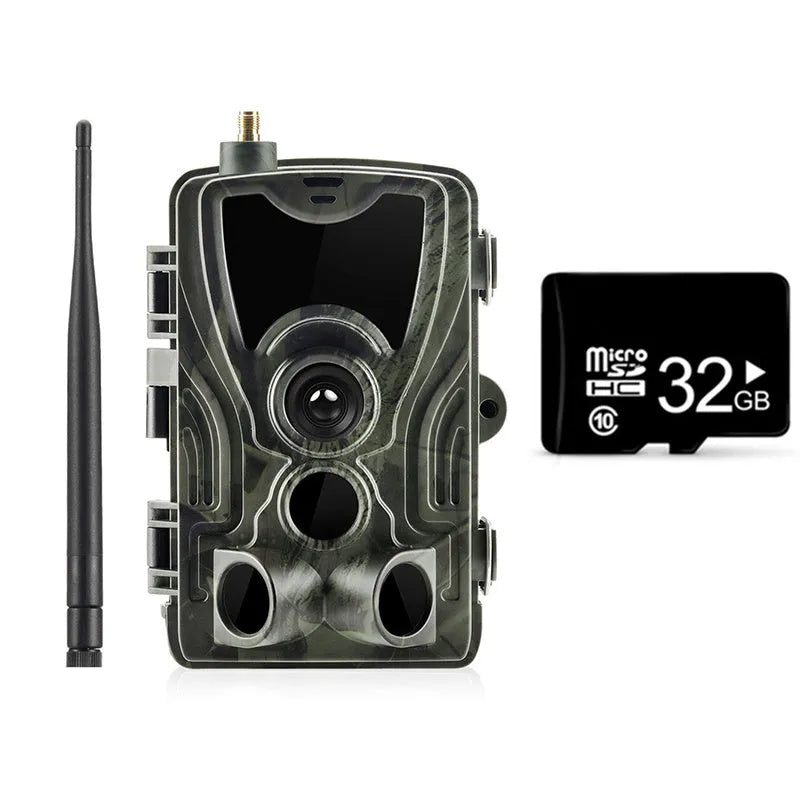 Outdoor surveillance camera with camouflage finish showing 1080p resolution and wide-angle lens specifications