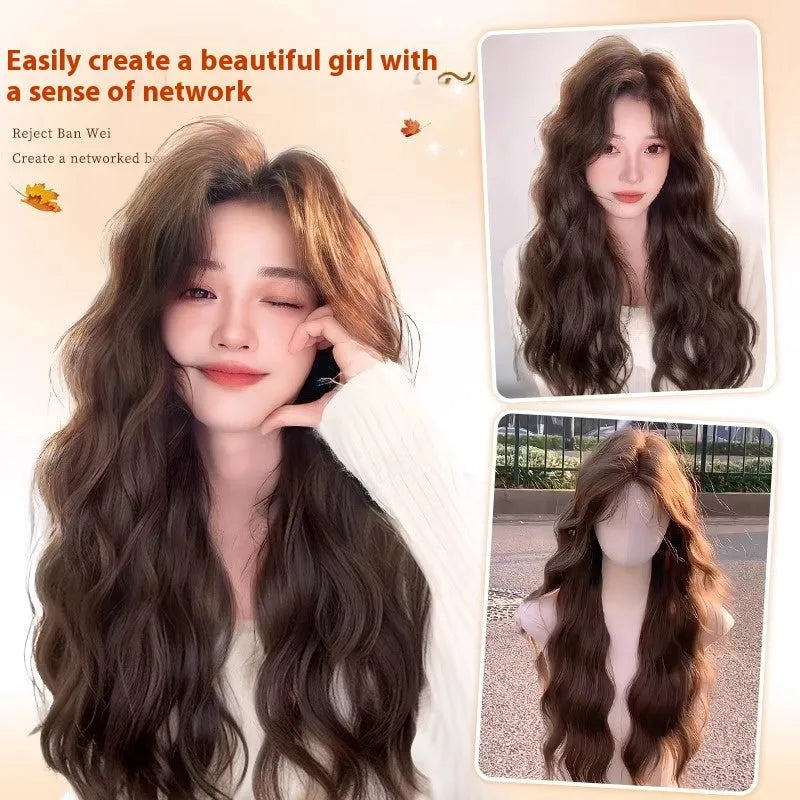 Female full head wig with long curly hair and side bangs in high temperature fibre