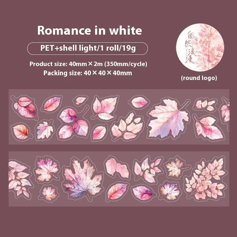 Roll of Deciduous Poetry Series decorative stickers showing six leaf designs including ginkgo and maple, 40mm wide.