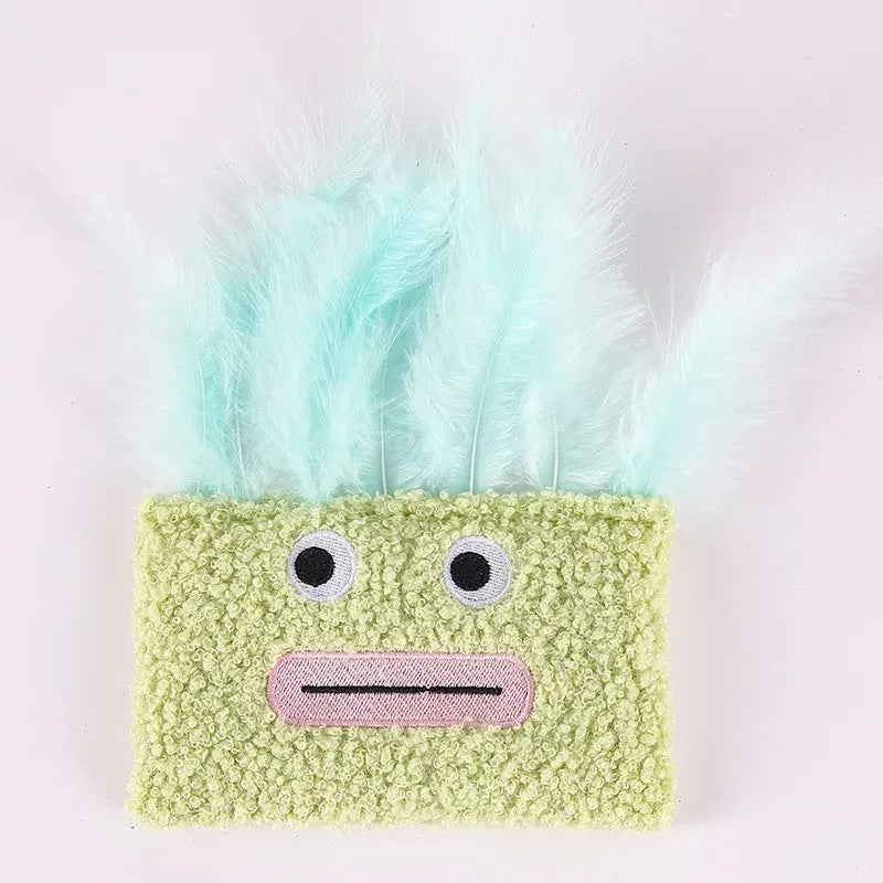 Catnip plush toy with big mouth explosion head shape in blue, green, orange, and purple colour options