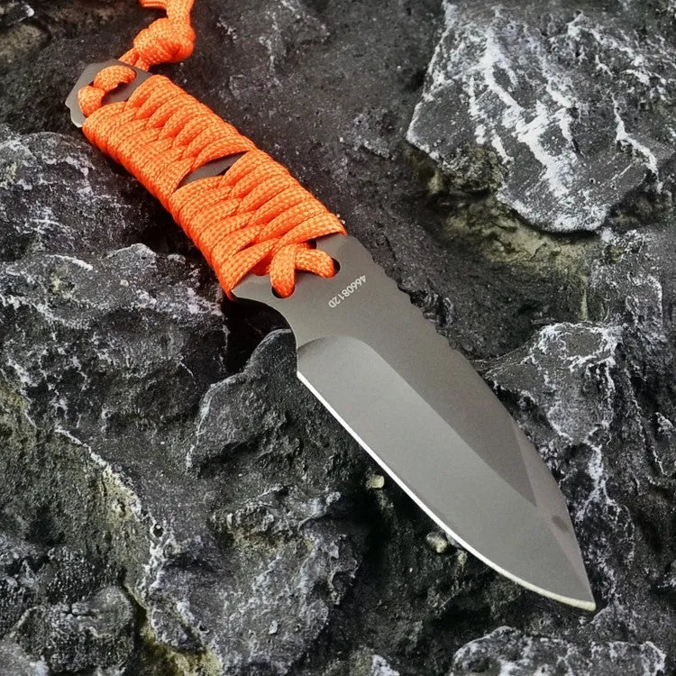 Outdoor straight knife with rope handle and ABS sheath showing 200mm length and sanded steel blade