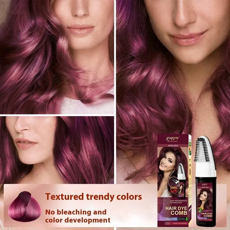 Hair dye kit with comb applicator in Brown, Dark Brown, and Wine Red 200ML bottles.