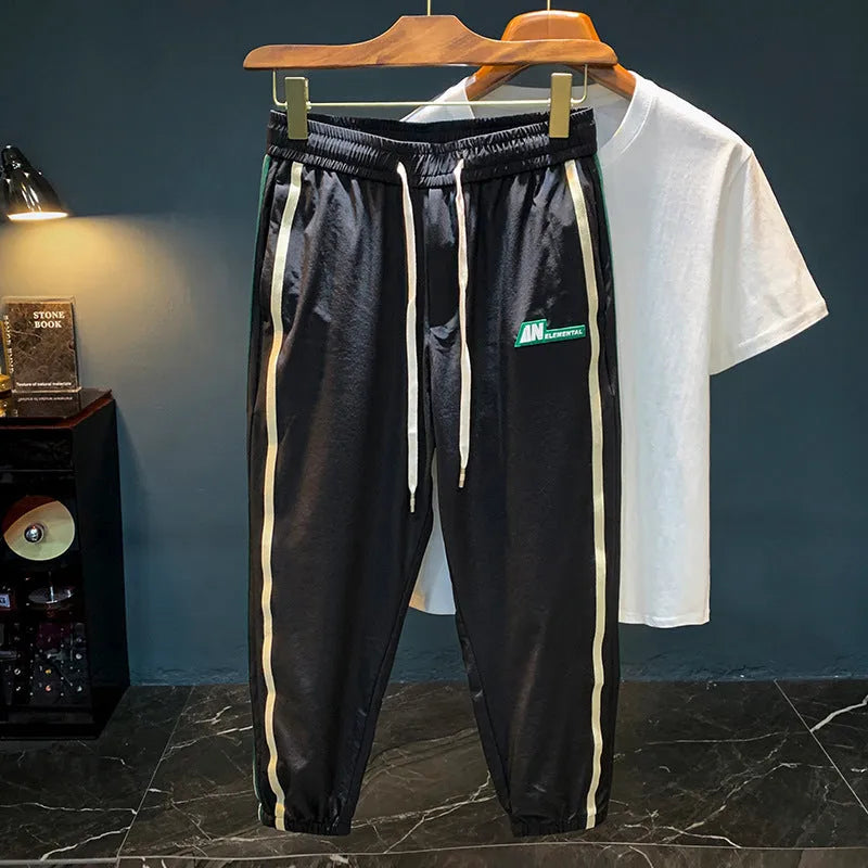 Men's black or grey ice silk cotton harem trousers with elastic mid waist and trousers length