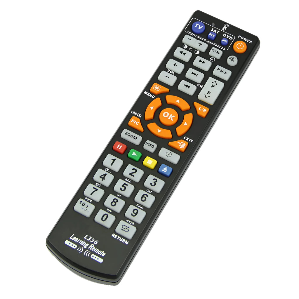Black L336 full-key universal learning remote control for TV and DVD players.