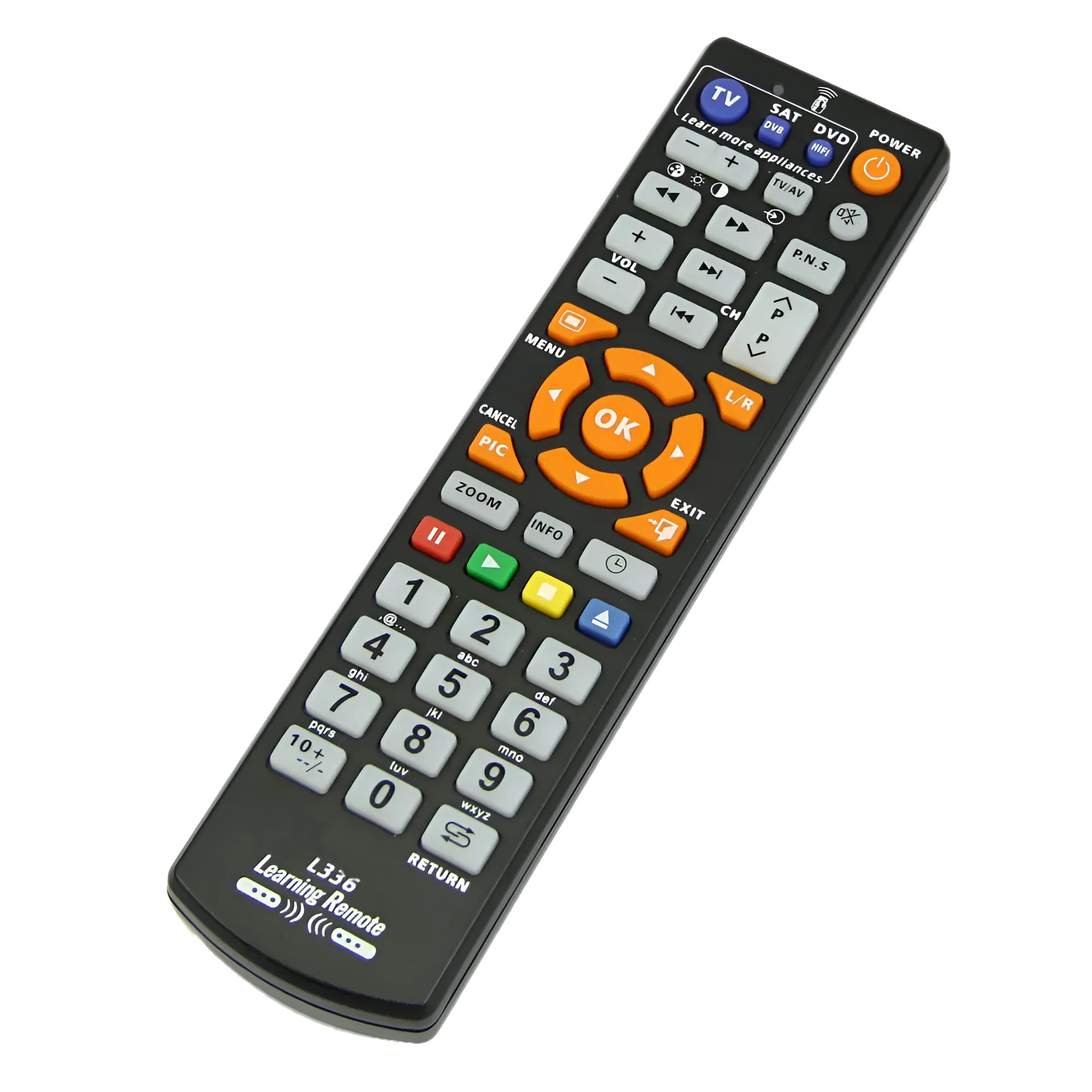 Black L336 full-key universal learning remote control for TV and DVD players.