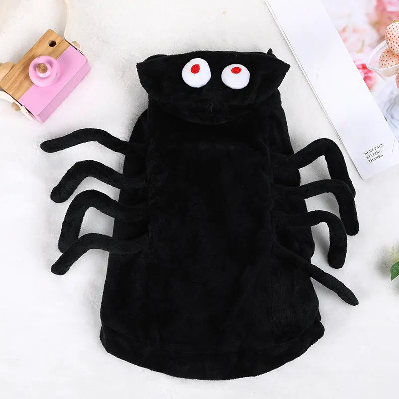 Halloween dog costume with black spider pattern on polyester fabric in sizes S, M, L.
