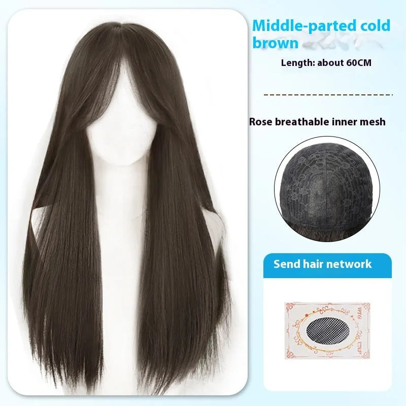Long straight black synthetic wig with bangs, shown in brown black and cold brown colour options.