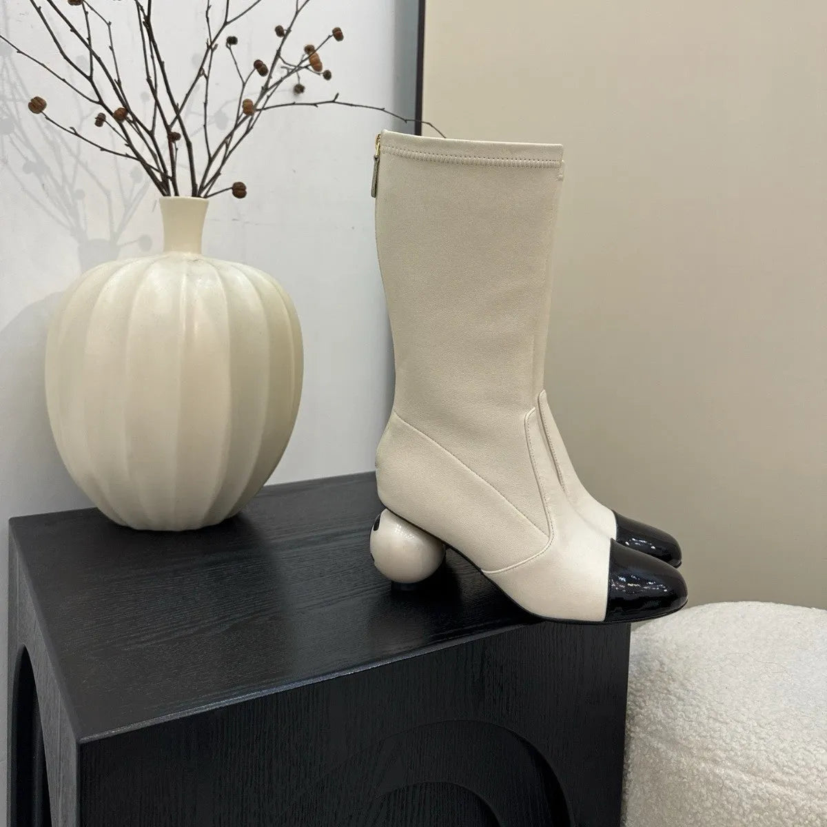 Women's winter chunky heel ankle boots in apricot with elastic fabric upper and back zipper