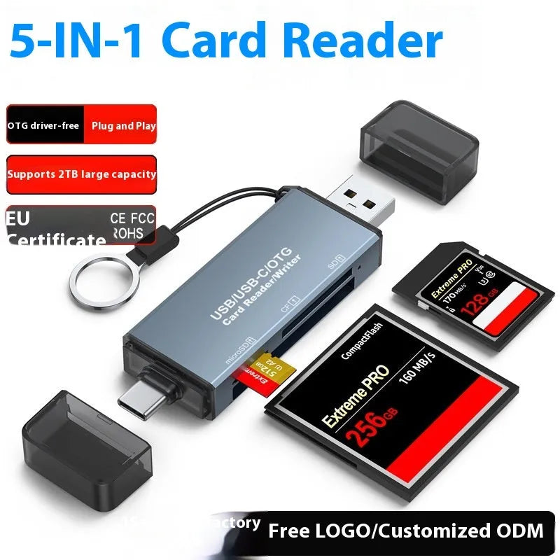 Aluminium CF SD TF three-in-one card reader with USB and TYPE-C connectors