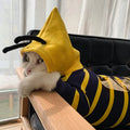 Plush bee dog hoodie in yellow striped cotton, winter pet coat for bulldog puppy cat, sizes XS to XXXL.