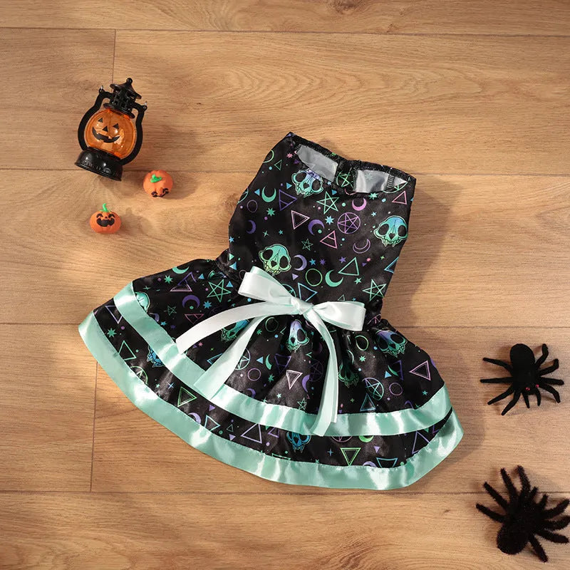 Colourful Halloween dog skirt with pumpkin or skull print on a pet.