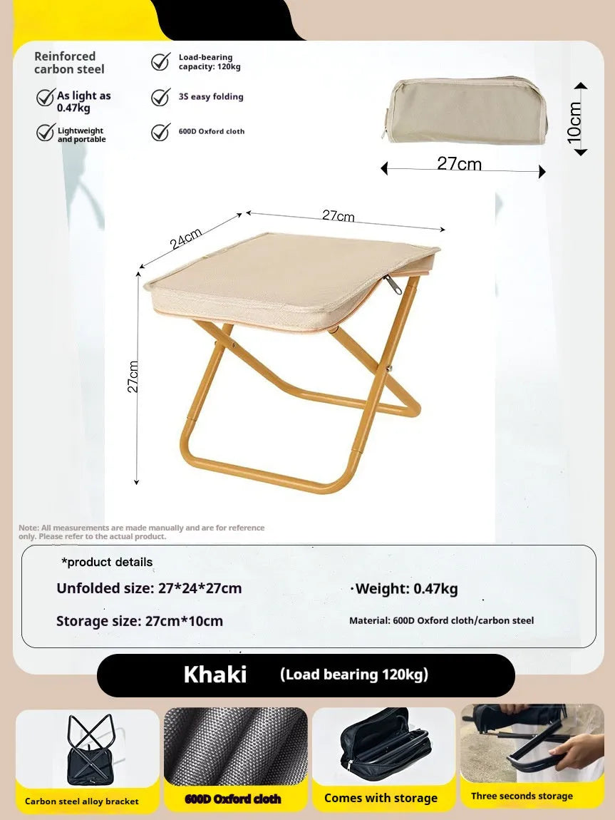 Outdoor foldable camp chair stool in Oxford fabric shown in khaki colour, folded in pencil box shape.