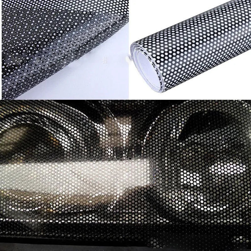 Sheet of perforated plastic colour changing film for car windows, 30 cm wide.