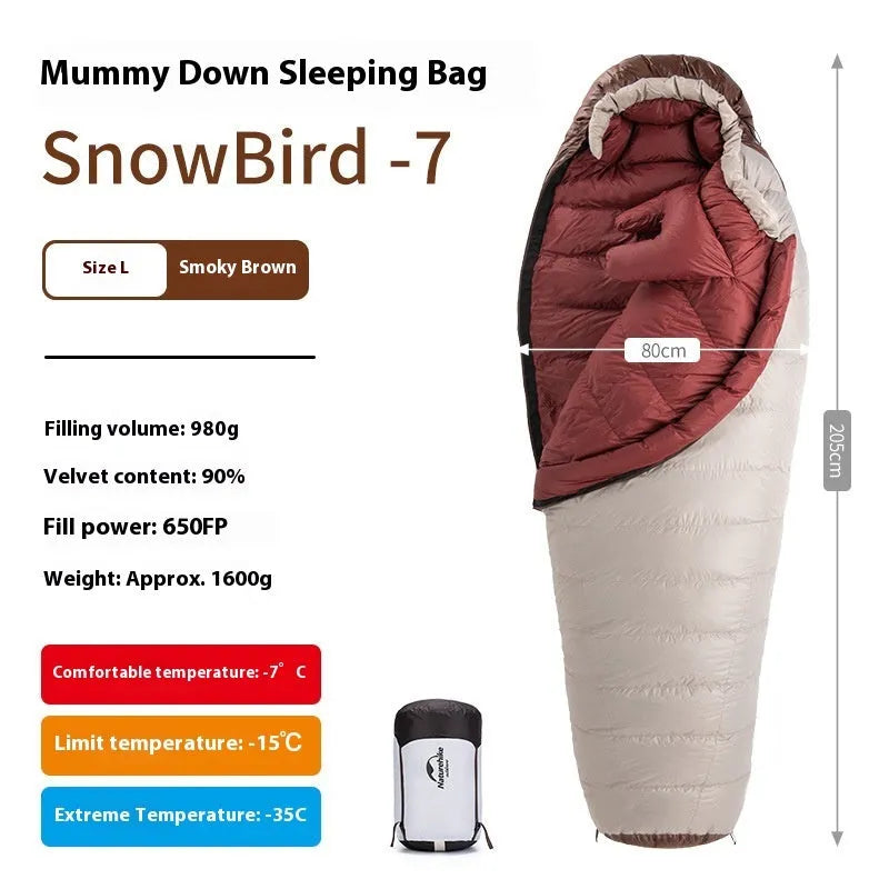 Mummy style goose down sleeping bag with storage bag for camping