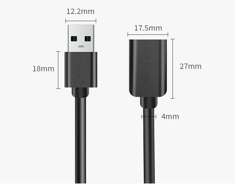 Black USB extension cable with male and female connectors showing different available lengths