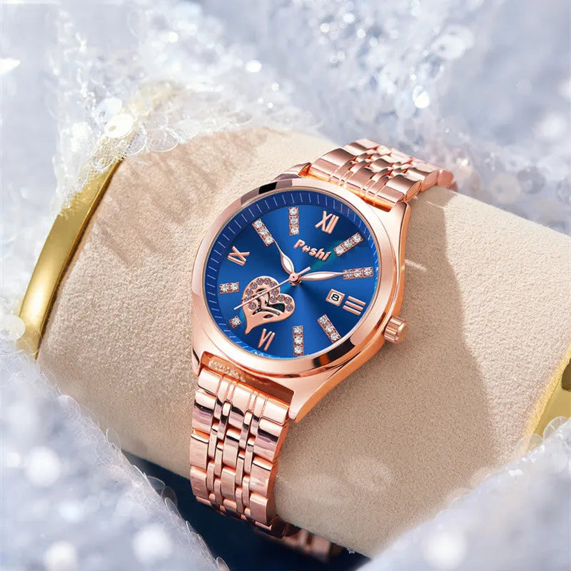 Women's casual alloy strap watch with Roman numeral rhinestone dial, luminous hands, and calendar window