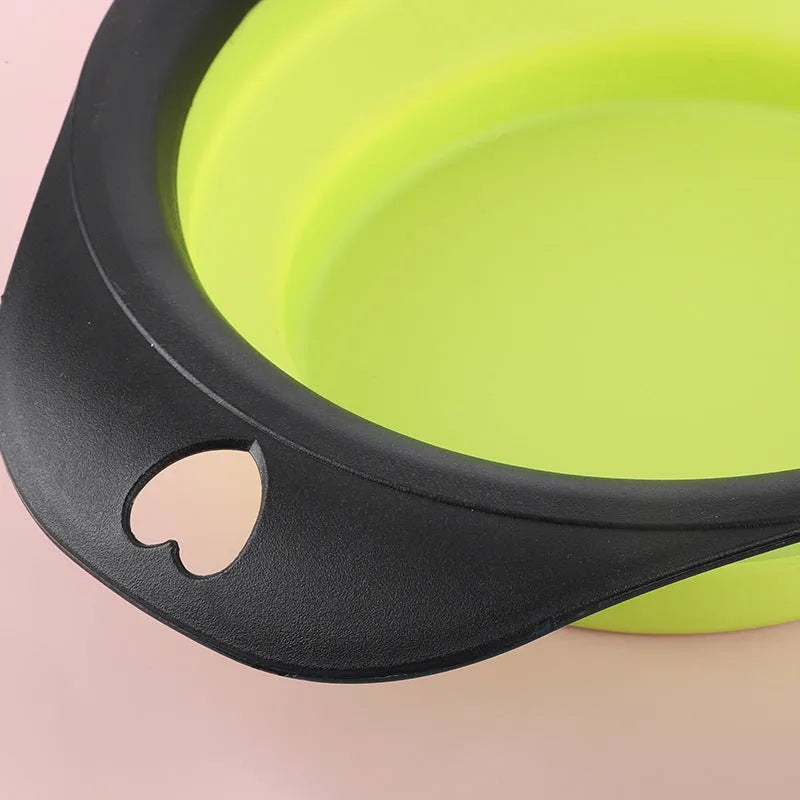 Silicone folding pet bowl shown open as shallow dish and folded flat for storage