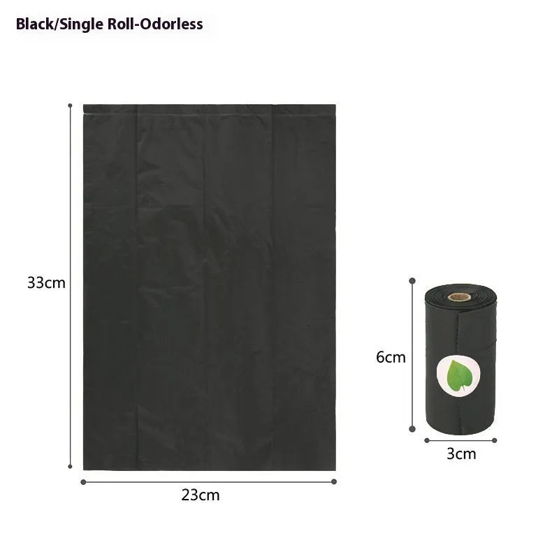 A roll of green EPI degradable pet waste bags next to a black dispenser on a grass background.