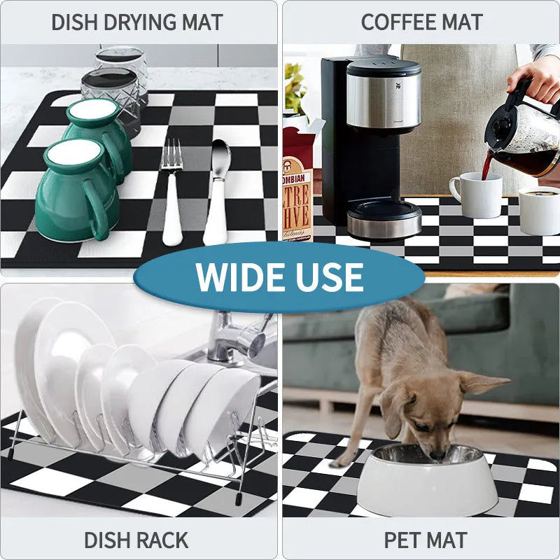 Black square kitchen drain drying mat with anti-slip rubber backing on a countertop