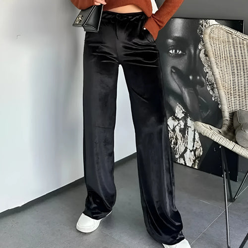 Black shiny velvet high waist straight leg casual pants with drawstring