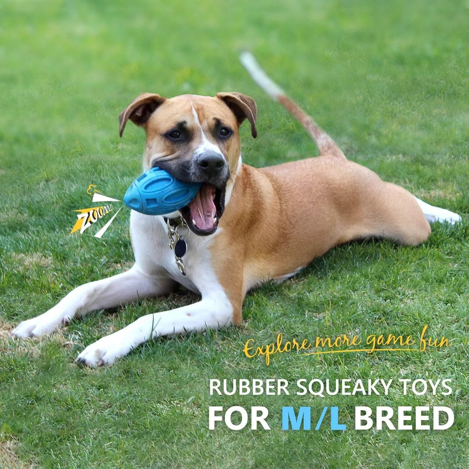 Blue, green, and orange natural rubber squeaky dog chew ball with surface grooves.