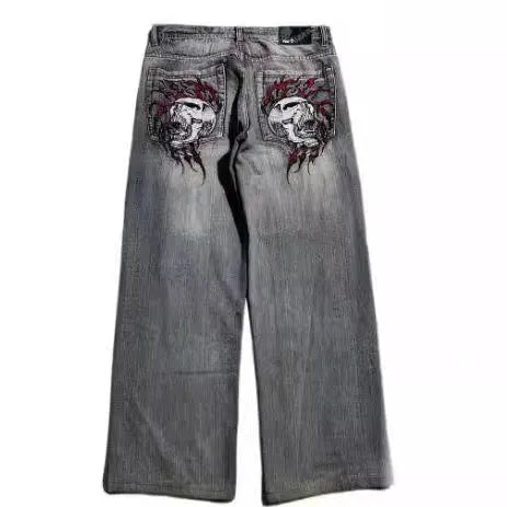 Men's grey washed-out American retro denim jeans with wide-leg workwear design and straight-leg cut