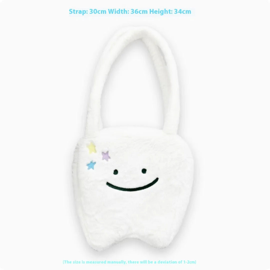 White plush large tooth design shoulder tote bag with crossbody strap and zipper opening
